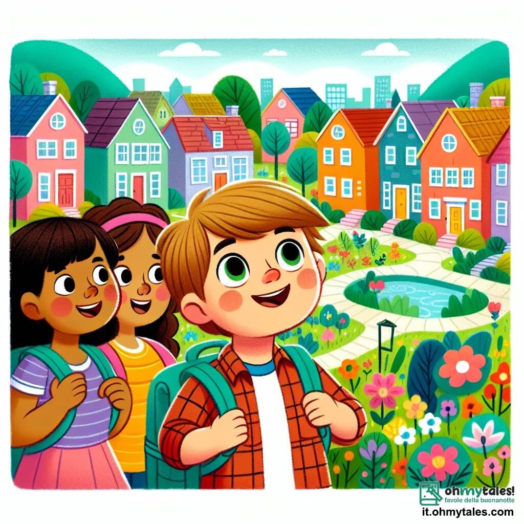 Une illustration destinée aux enfants représentant un jeune garçon curieux, entouré de ses amis, explorant un quartier rempli de maisons colorées avec des jardins fleuris, où l'égalité des sexes devient le thème central de leur aventure.