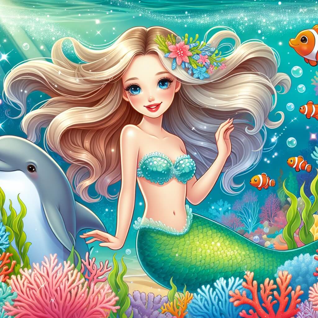 Une illustration destinée aux enfants représentant une magnifique sirène, nageant joyeusement avec un dauphin complice, dans un monde sous-marin éblouissant rempli de coraux colorés, d'algues ondulantes et de poissons tropicaux étincelants.