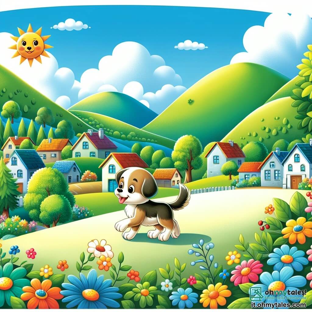 Une illustration destinée aux enfants représentant un charmant chien solitaire, se promenant dans un magnifique village entouré de collines verdoyantes, à la recherche d'amis et d'aventures passionnantes, avec en toile de fond un ciel bleu éclatant et des fleurs colorées.