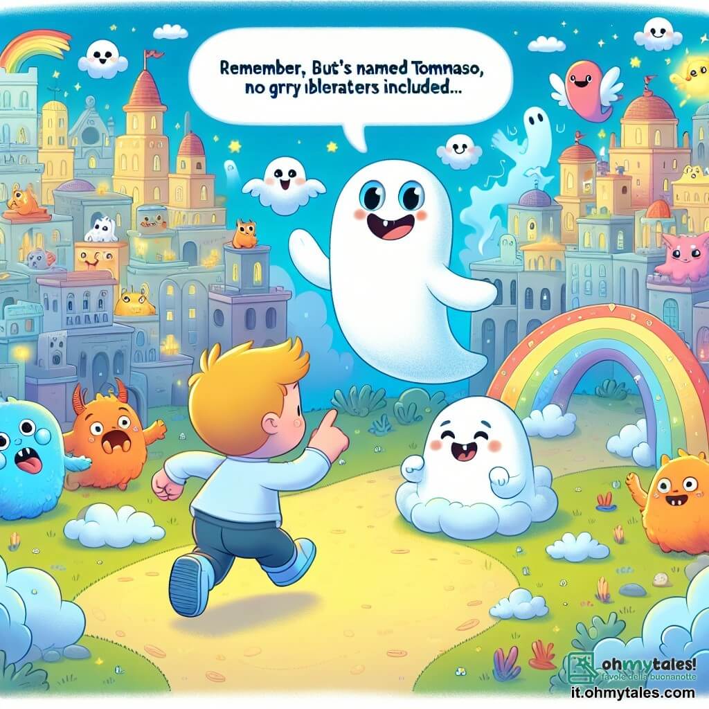 Une illustration destinée aux enfants représentant un fantôme espiègle découvrant un monde fantastique rempli de créatures rigolotes, accompagné d'un petit garçon nommé Tommaso, dans une cité construite avec des nuages moelleux et des rues faites d'arc-en-ciel, au cœur du Fantastique Mondo dei Fantasmi.