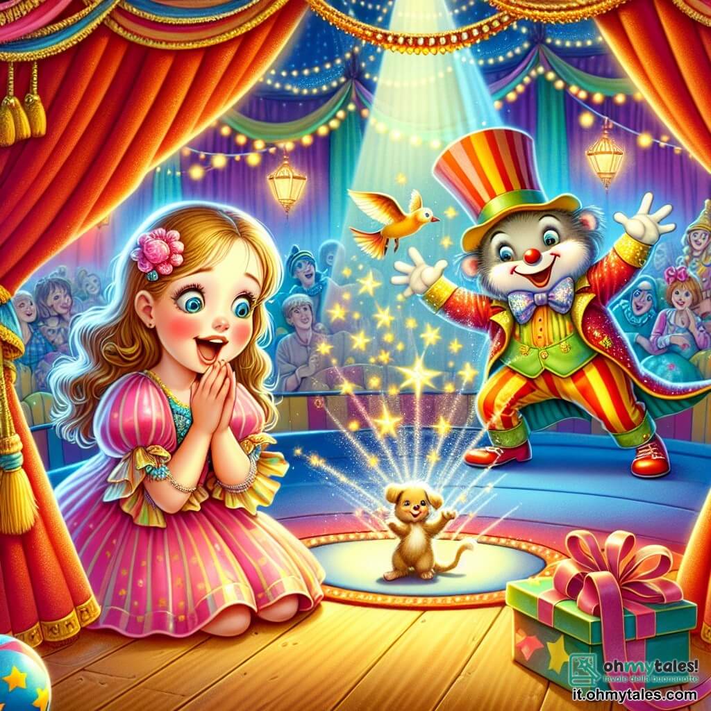 Une illustration destinée aux enfants représentant une fille émerveillée par les spectacles du cirque, accompagnée d'un clown espiègle, dans un chapiteau aux couleurs vives et aux décorations étincelantes.