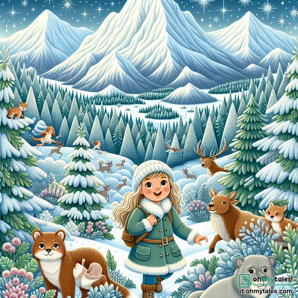 Une illustration destinée aux enfants représentant une petite fille intrépide, entourée de ses amis, découvrant une montagne majestueuse, couverte de neige étincelante, avec des arbres enneigés et des animaux cachés dans les buissons.