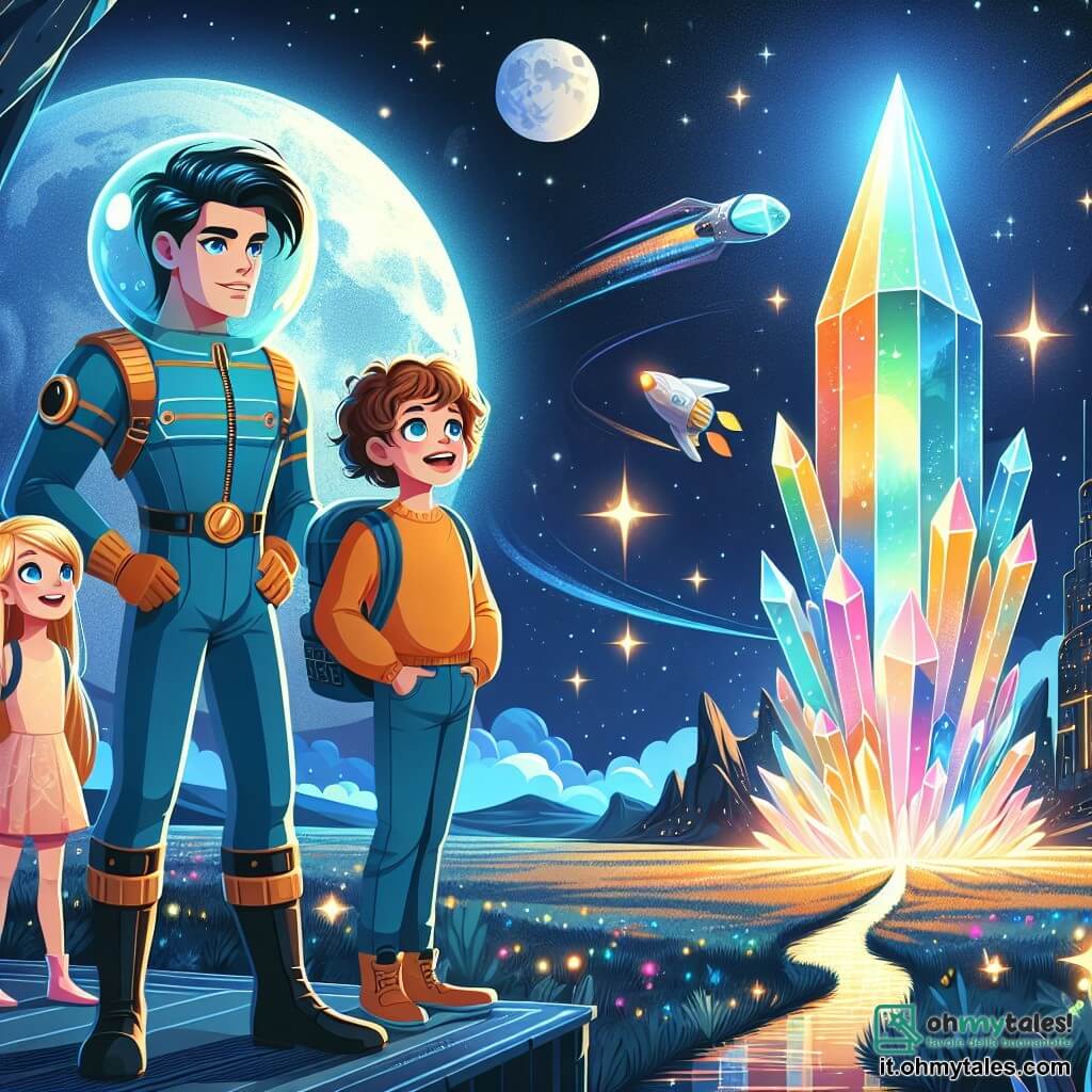 Une illustration sous forme de dessin destinée aux enfants représentant un paysage féerique de la Luna des Sogni, avec une grande lune colorée illuminant un ciel étoilé, où un homme grand aux cheveux noirs et à la combinaison spatiale bleue, souriant et déterminé, se tient aux commandes de son astronave brillante, tandis que deux jeunes amis, une fille aux longs cheveux blonds et aux yeux azur, émerveillée, et un garçon aux cheveux bouclés et au sourire éclatant, explorent avec enthousiasme un immense cristal lumineux qui émet des couleurs éclatantes, symbolisant leur découverte magique et leur aventure spatiale.
