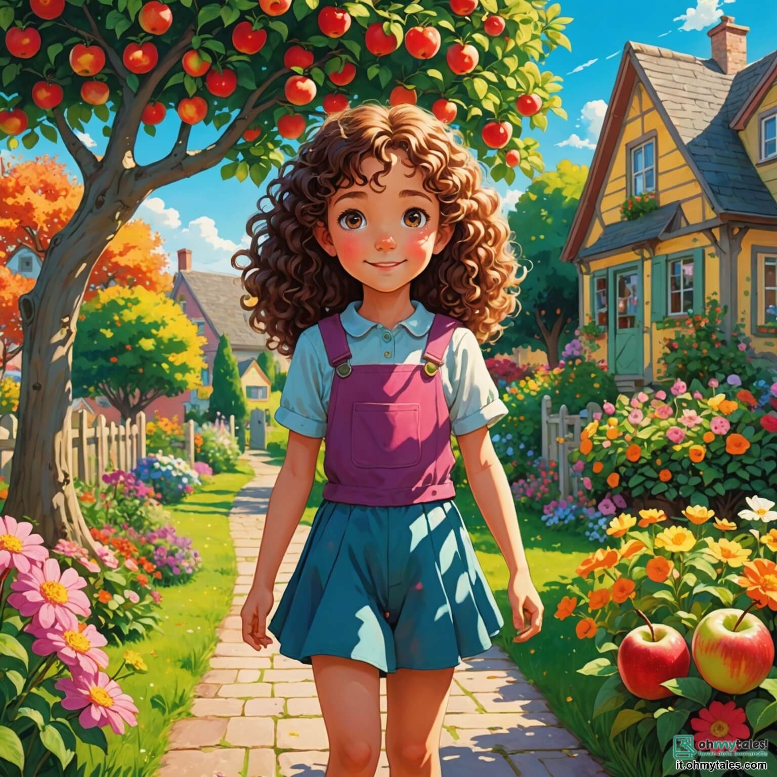 Une illustration destinée aux enfants représentant une petite fille aux cheveux bouclés et aux yeux pétillants, qui se tient au milieu d'un jardin coloré rempli de fleurs éclatantes et d'un grand arbre de pommes, tandis qu'elle fait face à la séparation de ses parents, avec sa nouvelle amie, une fille souriante aux cheveux longs, à ses côtés, dans un quartier paisible où les maisons sont peintes de couleurs vives et où le soleil brille joyeusement dans un ciel bleu.