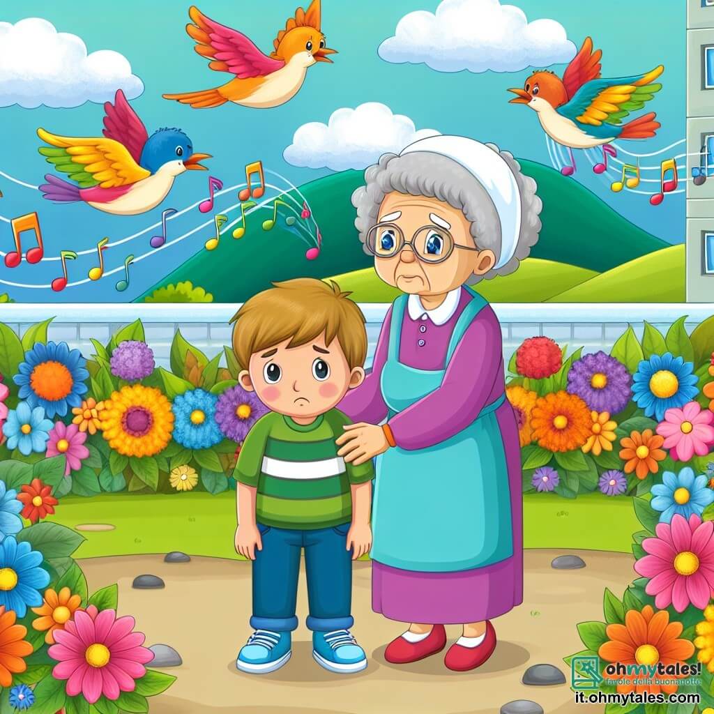 Une illustration destinée aux enfants représentant un garçon triste et curieux devant un jardin d'hôpital coloré, accompagné de sa grand-mère âgée et souriante, entourés de fleurs multicolores et d'oiseaux chantants, dans une atmosphère paisible et sereine.