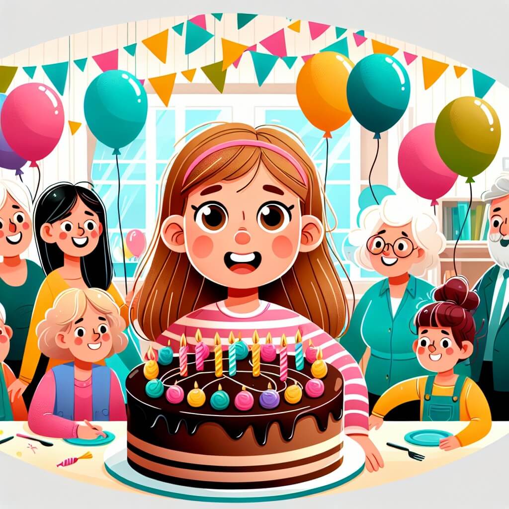 Une illustration destinée aux enfants représentant une petite fille pleine de vie, souriante et curieuse, qui se retrouve confrontée à la maladie, entourée de ses amis et de sa famille, dans une maison colorée et chaleureuse décorée de ballons et d'une grande table avec une délicieuse et alléchante torte au chocolat au centre.