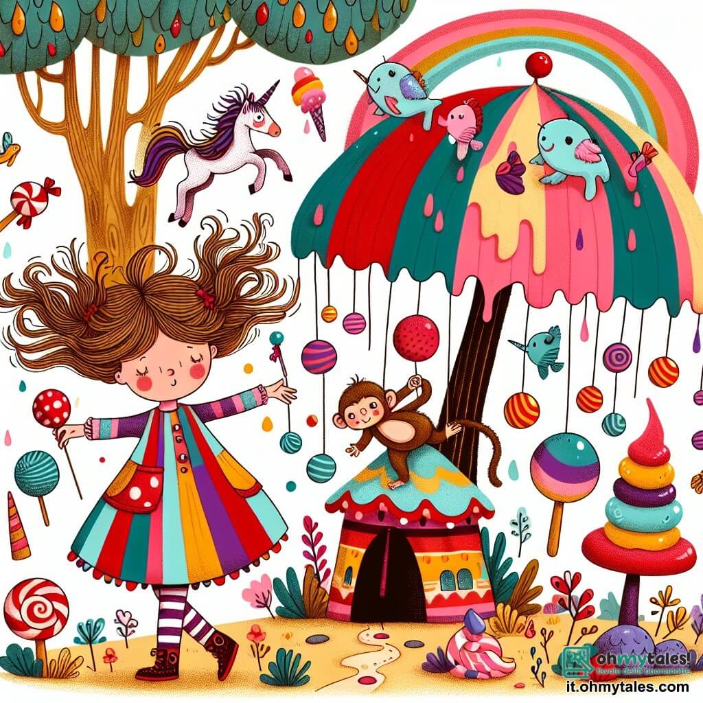Une illustration destinée aux enfants représentant une fillette aux cheveux en bataille, vêtue d'une robe multicolore, se retrouvant dans une forêt enchantée peuplée de licornes volantes et de poissons qui marchent, accompagnée d'un singe jongleur, dans une petite cabane en forme de champignon géant, où tout est fait de bonbons et de glace.