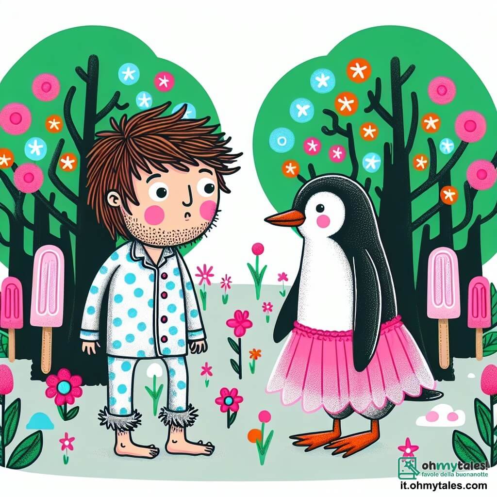 Une illustration destinée aux enfants représentant un jeune garçon aux cheveux en bataille, vêtu d'un pyjama à pois, se retrouvant nez à nez avec un pingouin en tutu rose dans une forêt enchantée remplie d'arbres en forme de glaces à l'eau et de fleurs qui chantent des chansons rigolotes.