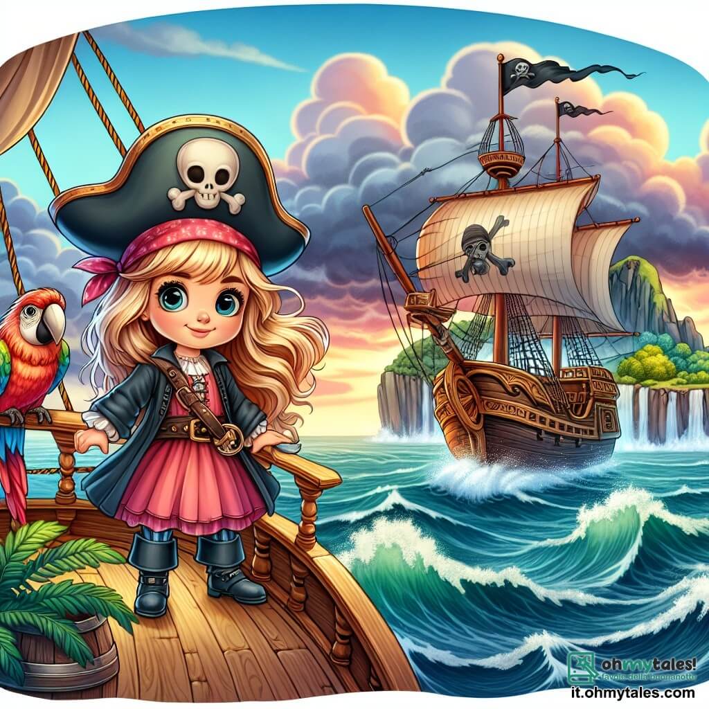 Une illustration destinée aux enfants représentant une fille pirate courageuse, se tenant sur le pont d'un navire majestueux, avec en arrière-plan une île mystérieuse entourée d'eaux tumultueuses, accompagnée de son fidèle perroquet bavard.