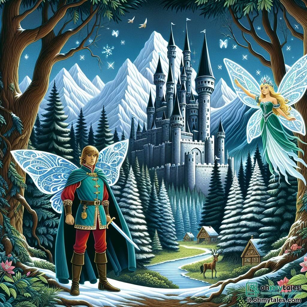 Une illustration destinée aux enfants représentant un prince courageux se tenant devant une forteresse maléfique, accompagné d'une fée bienveillante aux ailes scintillantes, dans un royaume enchanté aux arbres majestueux et aux montagnes enneigées.