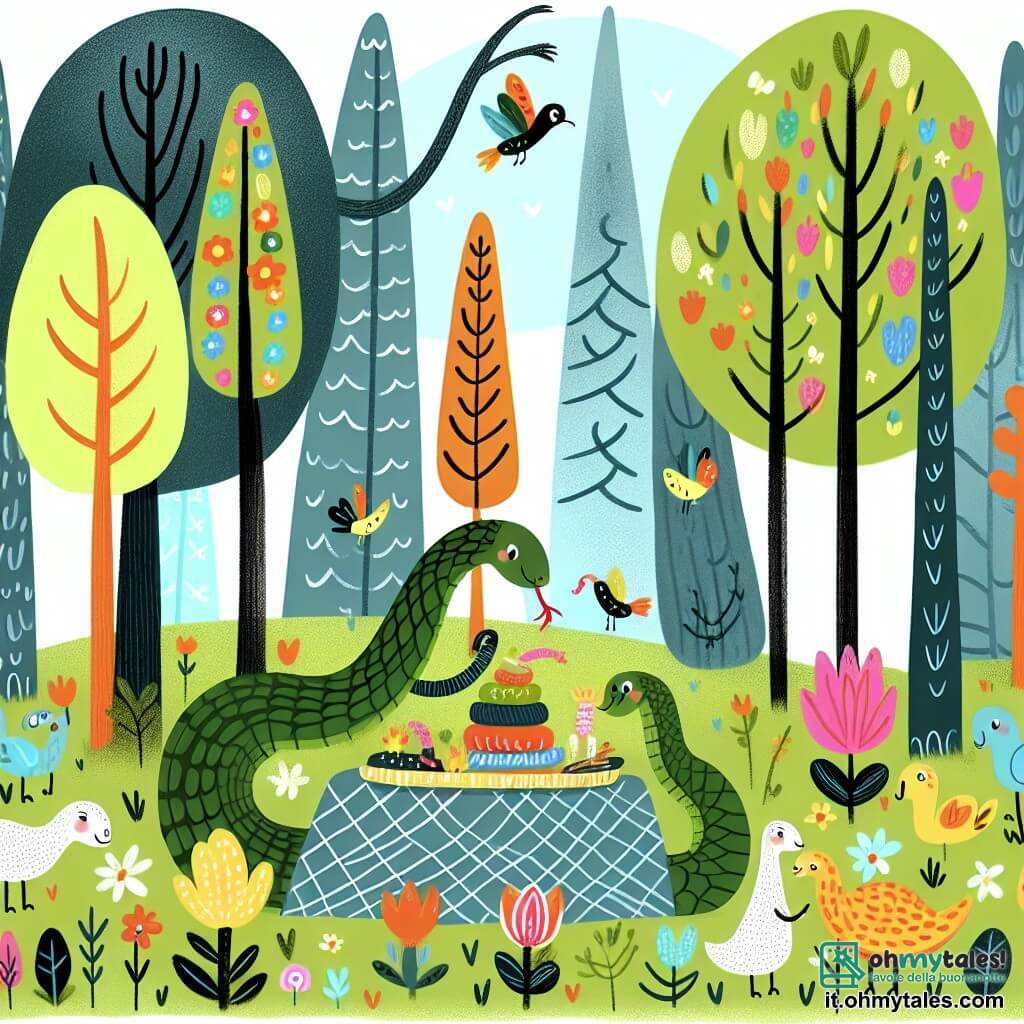 Une illustration destinée aux enfants représentant un serpent farceur préparant un festin étrange pour ses amis dans une forêt enchantée remplie de fleurs multicolores et d'arbres majestueux.