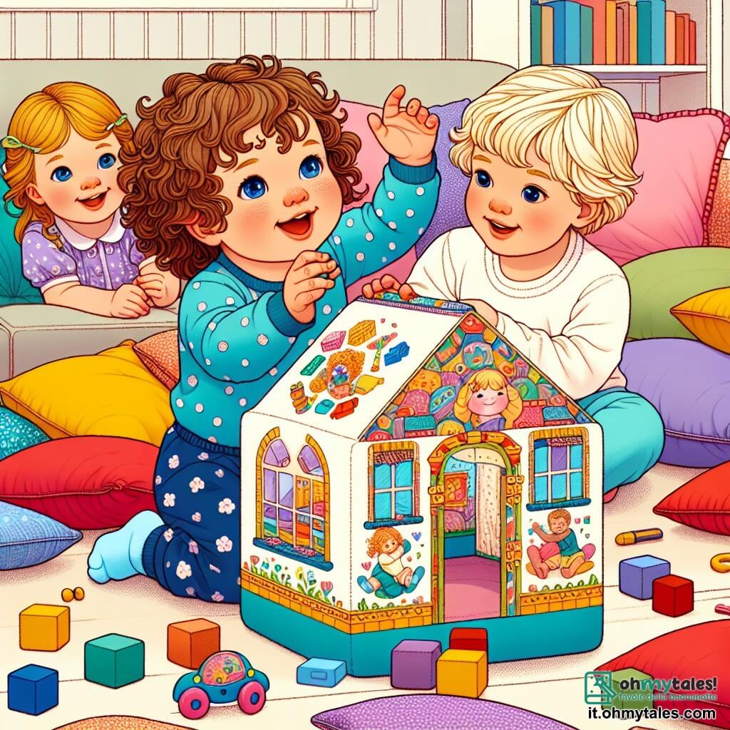 Une illustration sous forme de dessin destinée aux enfants représentant un salon coloré avec des coussins éparpillés sur le sol, où une petite fille de 1 an aux cheveux bouclés et aux yeux pétillants rit en essayant de construire une maison avec des coussins, tandis qu'un garçon curieux aux cheveux blonds et une petite fille douce aux cheveux bruns l'observent en souriant, tous les trois entourés de jouets colorés, illustrant la joie de l'amitié et les rires partagés lors de leurs jeux.