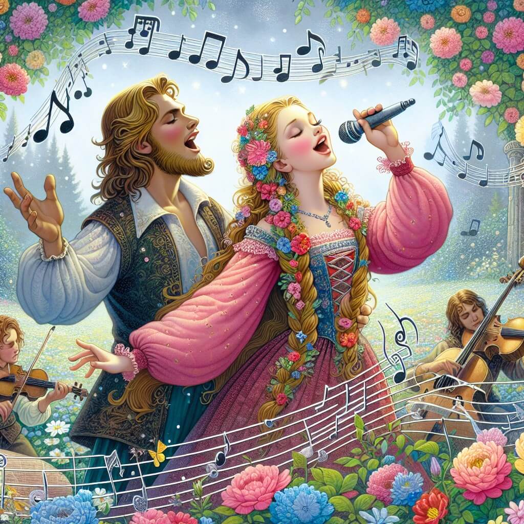Une illustration destinée aux enfants représentant une jeune chanteuse passionnée, accompagnée de son fidèle ami musicien, dans un magnifique jardin fleuri où les notes de musique dansent dans l'air printanier.