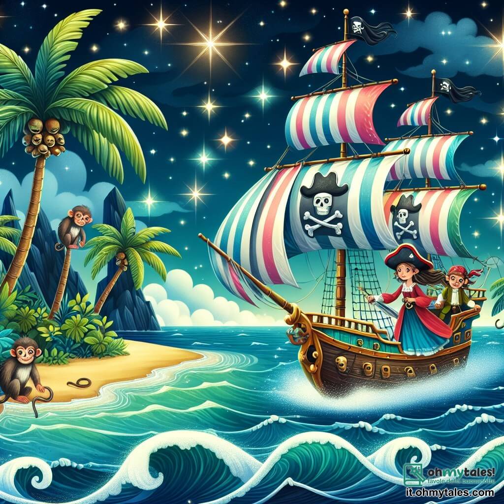Une illustration destinée aux enfants représentant une femme pirate courageuse sur une île mystérieuse, accompagnée de scimmie intelligentes, naviguant sur un bateau coloré aux voiles ornées de têtes de mort, avec des palmiers se balançant doucement et des vagues pétillantes sous un ciel étoilé scintillant.