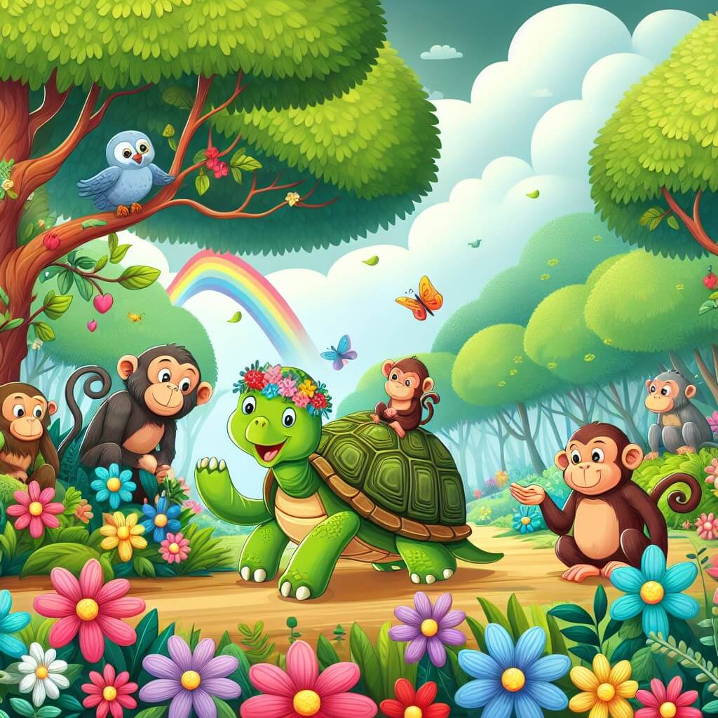 Une illustration destinée aux enfants représentant une tortue joyeuse et espiègle, accompagnée d'une famille de singes, dans un bosquet enchanté rempli de fleurs colorées, d'arbres majestueux et d'animaux curieux.