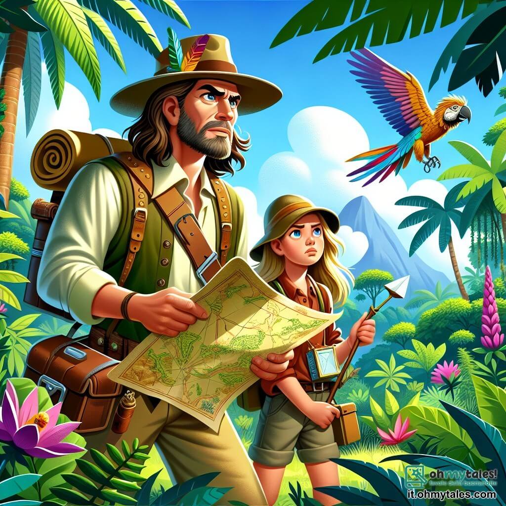 Une illustration sous forme de dessin destinée aux enfants représentant une jungle luxuriante et colorée, avec de grands arbres aux feuilles d'un vert éclatant et des fleurs exotiques, où un homme courageux aux cheveux bruns et à la barbe légère, vêtu d'un chapeau d'explorateur et d'une chemise à manches longues, tient une carte ancienne tout en scrutant l'horizon avec un regard déterminé, tandis qu'à ses côtés, une jeune fille aux cheveux longs et blonds, portant un sac à dos rempli de livres et de provisions, observe attentivement un rare oiseau coloré perché sur une branche, alors qu'ils s'apprêtent à découvrir les mystères de l'île des merveilles et à affronter les défis qui les attendent.