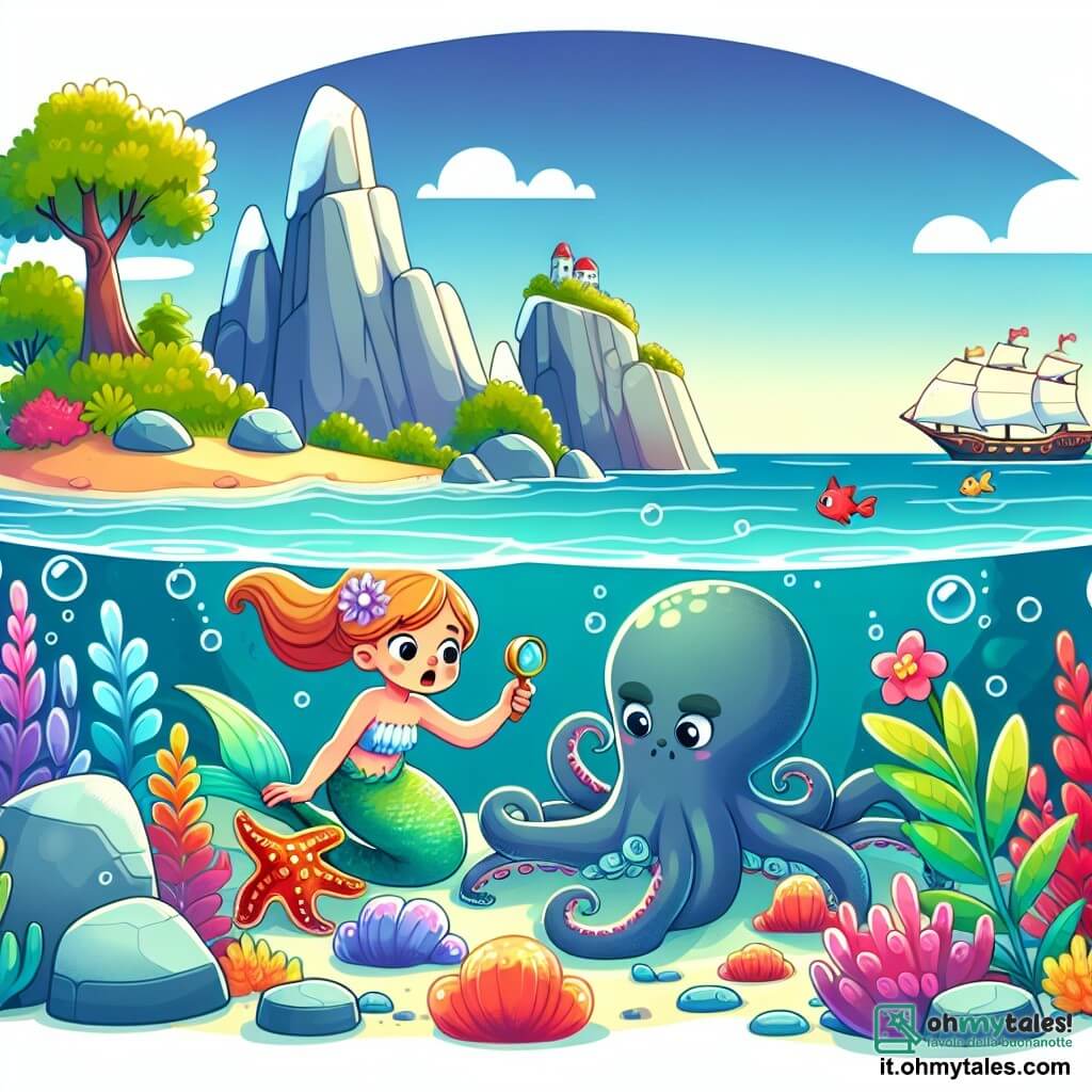 Une illustration destinée aux enfants représentant une sirène curieuse découvrant un kraken mystérieux sur une île incantée aux eaux cristallines et aux rochers colorés.