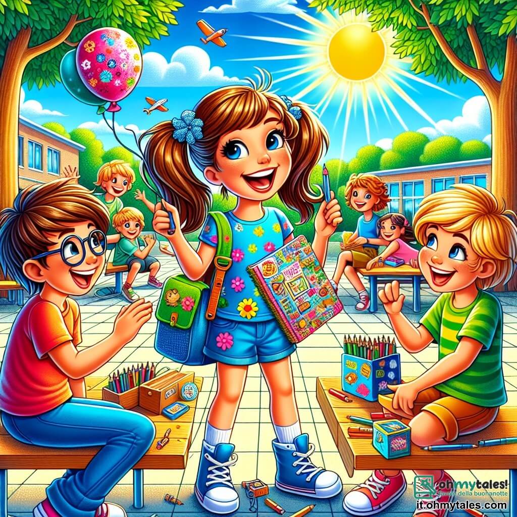 Illustrazione che rappresenta una scena animata in un cortile scolastico soleggiato, circondato da grandi alberi con foglie verdi vibranti e panchine colorate. Al centro, una ragazza di 11 anni, con lunghi capelli castani raccolti in due codini, indossa una maglietta blu con motivi floreali e un pantaloncino di jeans. Sorride gioiosamente, tenendo un quaderno decorato con adesivi in una mano e una scatola di pastelli colorati nell'altra, pronta a condividere le sue idee con i suoi amici. Accanto a lei, due ragazzi di 11 anni, uno con capelli biondi arruffati e occhiali, indossa una maglietta rossa, e l'altro con capelli castani e un sorriso birichino, vestito con una maglietta verde. Discutono con entusiasmo delle nuove materie e delle esperienze future, i loro volti illuminati dall'eccitazione. La scena principale mostra i bambini che si scambiano risate e storie, circondati da compagni che giocano e si divertono, creando un'atmosfera di camaraderie e gioia. Sullo sfondo, palloncini colorati fluttuano nel cielo blu, aggiungendo un tocco festoso a questo momento di rientro scolastico, simboleggiando un nuovo inizio pieno di avventure.