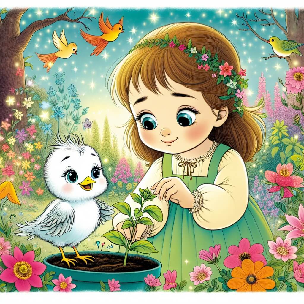 Une illustration destinée aux enfants représentant une jeune fille curieuse et pleine d'espoir, qui prend soin d'une petite plante fragile, avec l'aide d'un ami joyeux et énergique, dans un jardin enchanté rempli de fleurs colorées et d'oiseaux chantants.