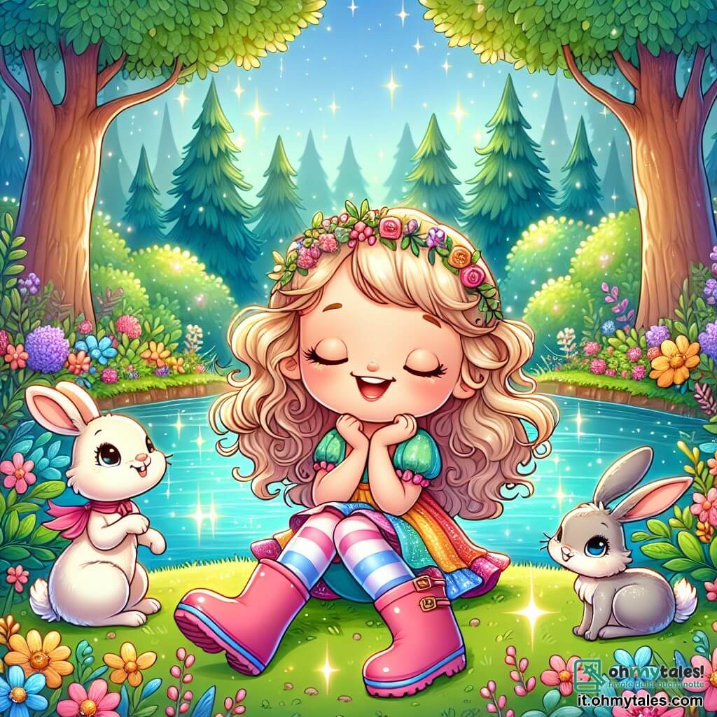 Une illustration sous forme de dessin destinée aux enfants représentant une radure enchantée dans un parc magique, où une petite fille de 5 ans aux cheveux bouclés et blonds, vêtue d'une robe colorée et de bottes en caoutchouc, est assise au bord d'un lac scintillant, entourée de deux petits coniglietti : l'un est blanc avec des yeux pétillants et l'autre est gris avec des oreilles longues, tous deux sautillant joyeusement autour d'elle, tandis qu'elle sourit et ferme les yeux, prête à faire un vœu dans ce lieu féerique rempli de fleurs vibrantes et d'arbres majestueux.