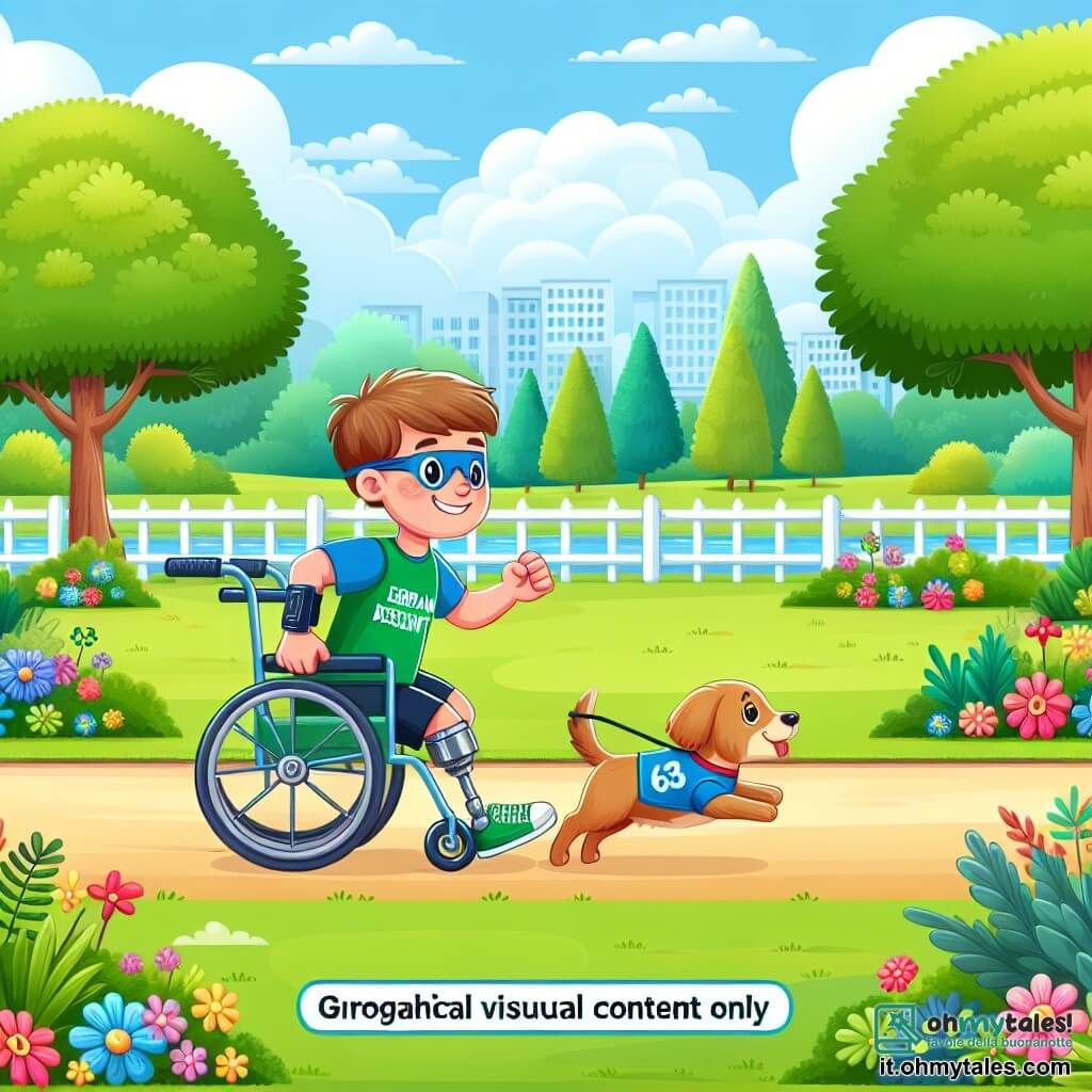 Une illustration destinée aux enfants représentant un garçon vivant avec une disabilité aux jambes, participant à une course de parc avec sa cagnolina Molly, dans un parc verdoyant parsemé de fleurs colorées et d'arbres majestueux.