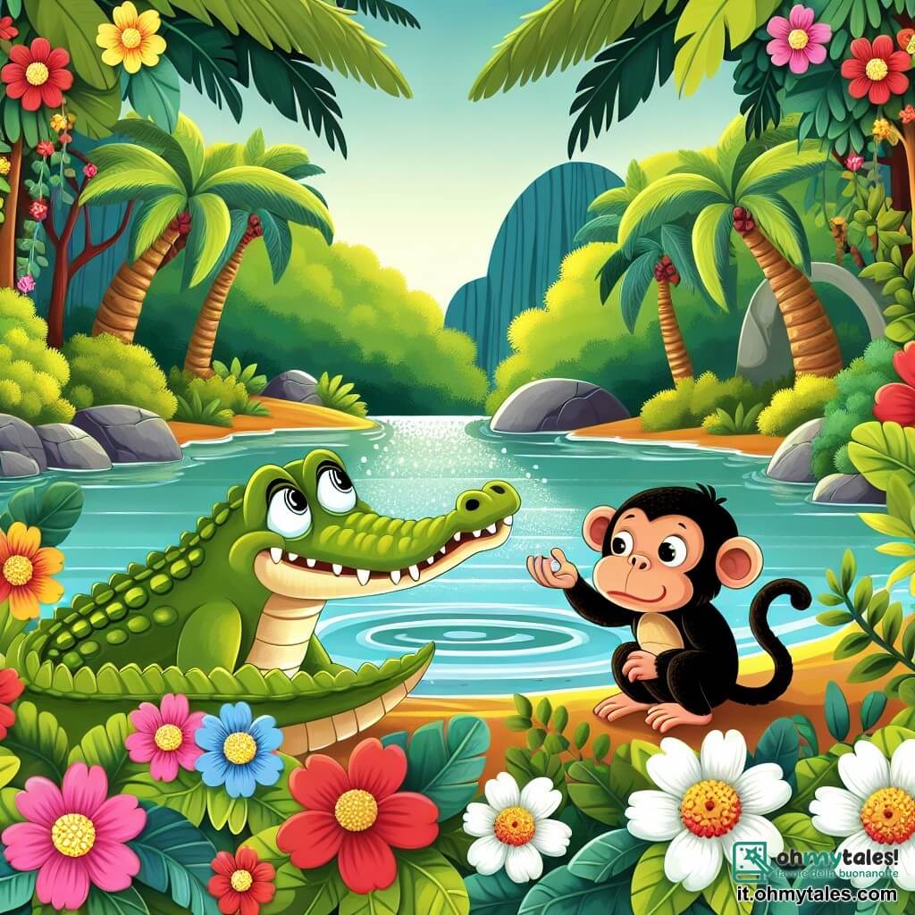 Une illustration destinée aux enfants représentant un crocodile solitaire, à la recherche de son sourire perdu, accompagné d'une petite singe curieuse, dans une luxuriante île tropicale avec une végétation dense et un étang scintillant entouré de fleurs colorées.