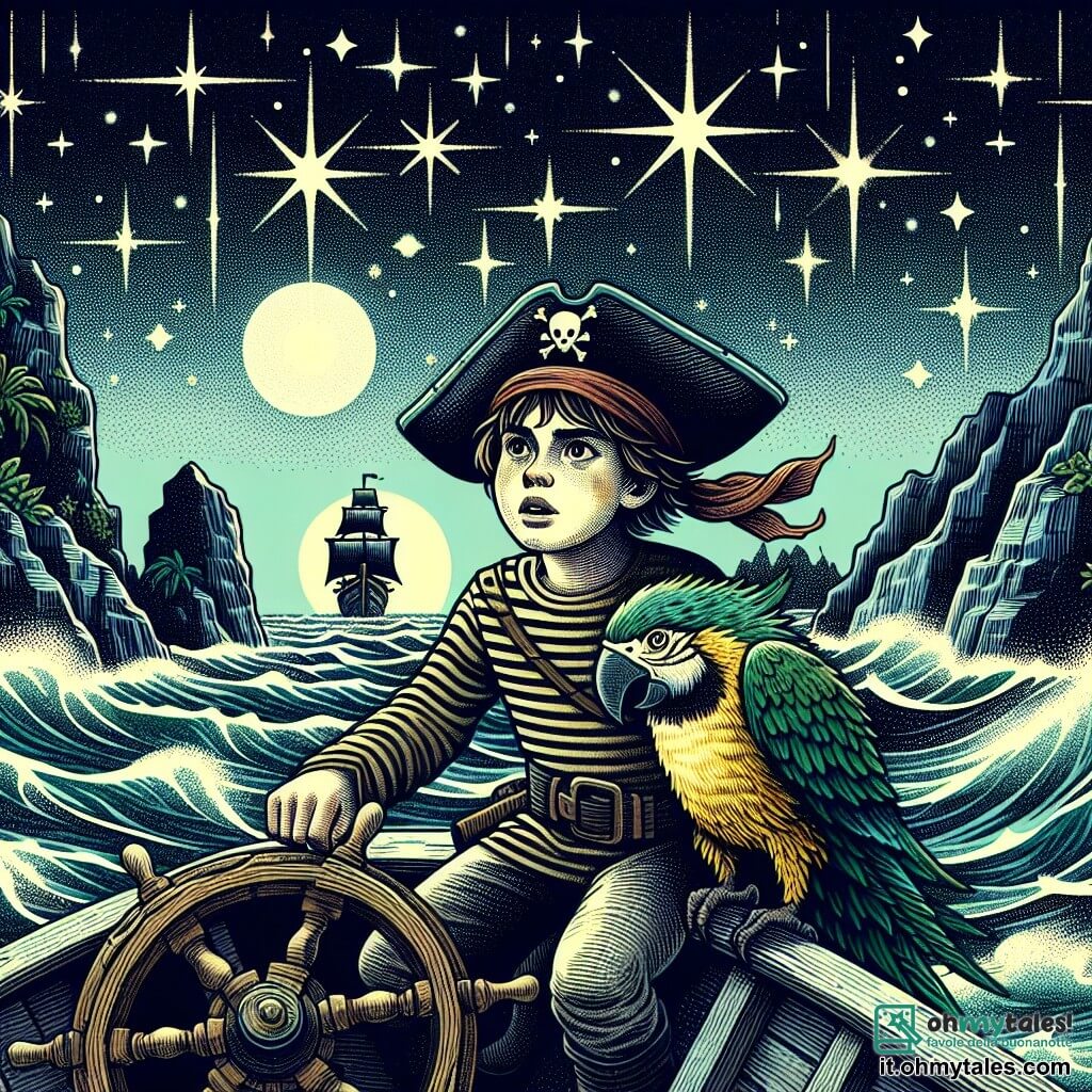 Une illustration destinée aux enfants représentant un jeune marin audacieux, à la recherche d'un trésor légendaire, accompagné de son fidèle perroquet, naviguant sur une mer agitée, entouré d'îles mystérieuses et d'un ciel étoilé scintillant.