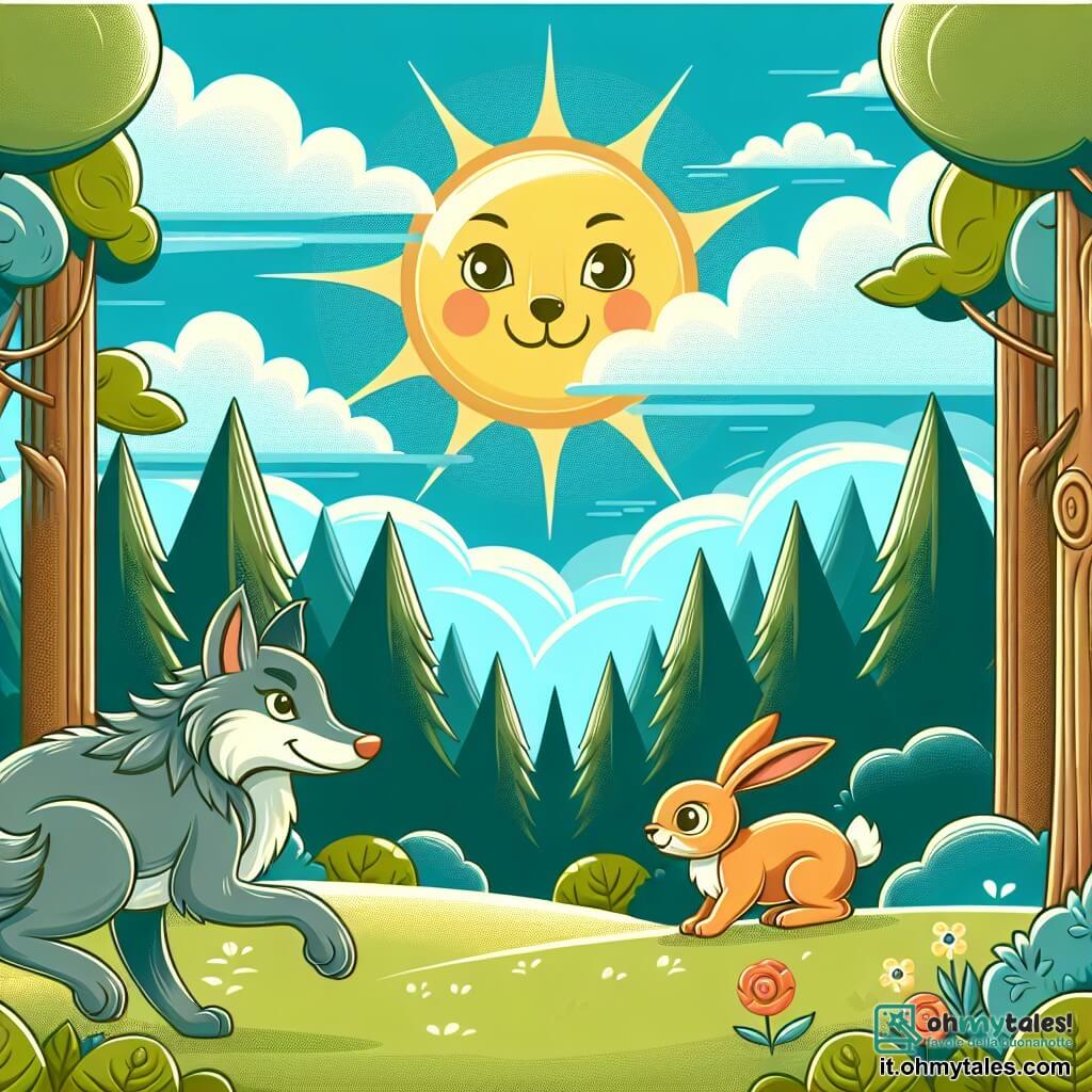 Une illustration destinée aux enfants représentant un loup malicieux, un lapin rusé, dans une clairière ensoleillée de la forêt enchantée, où des arbres majestueux se dressent vers le ciel bleu azur.