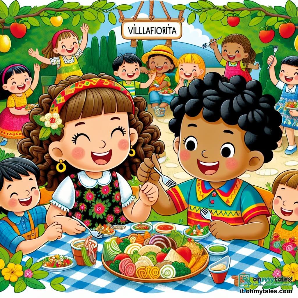 Une illustration sous forme de dessin destinée aux enfants représentant un parc coloré et animé à Villafiorita, où une fille de 11 ans aux cheveux bruns et bouclés, portant une robe à fleurs, sourit joyeusement en partageant des plats traditionnels avec un garçon de 12 ans, aux cheveux noirs et à la peau olive, vêtu d'une chemise colorée, tandis qu'un groupe d'enfants de différentes origines ethniques les entoure, tous riant et goûtant des mets variés, illustrant la célébration de la diversité et de l'amitié.