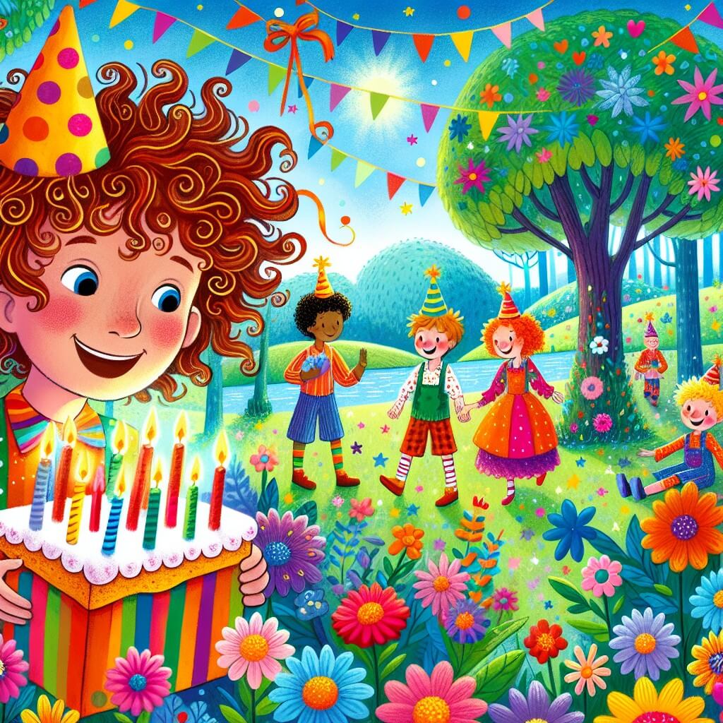 Une illustration destinée aux enfants représentant un jeune garçon aux cheveux bouclés, habillé de façon colorée, qui célèbre son anniversaire avec ses amis dans un parc enchanteur rempli de fleurs multicolores, d'arbres majestueux et d'un ciel bleu éclatant.