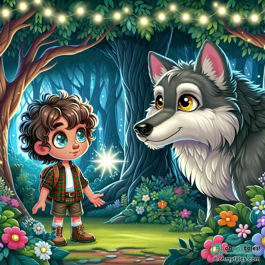 Une illustration sous forme de dessin destinée aux enfants représentant une forêt enchantée, avec des arbres majestueux aux feuilles brillantes et des fleurs colorées, où un garçon de 9 ans aux cheveux bouclés et aux yeux pétillants, vêtu d'une chemise à carreaux et d'un short, se tient courageusement devant un grand loup au pelage gris et aux yeux jaunes, qui semble à la fois majestueux et triste, alors qu'ils se regardent avec curiosité, symbolisant le début d'une amitié inattendue dans un moment de découverte et de bravoure.