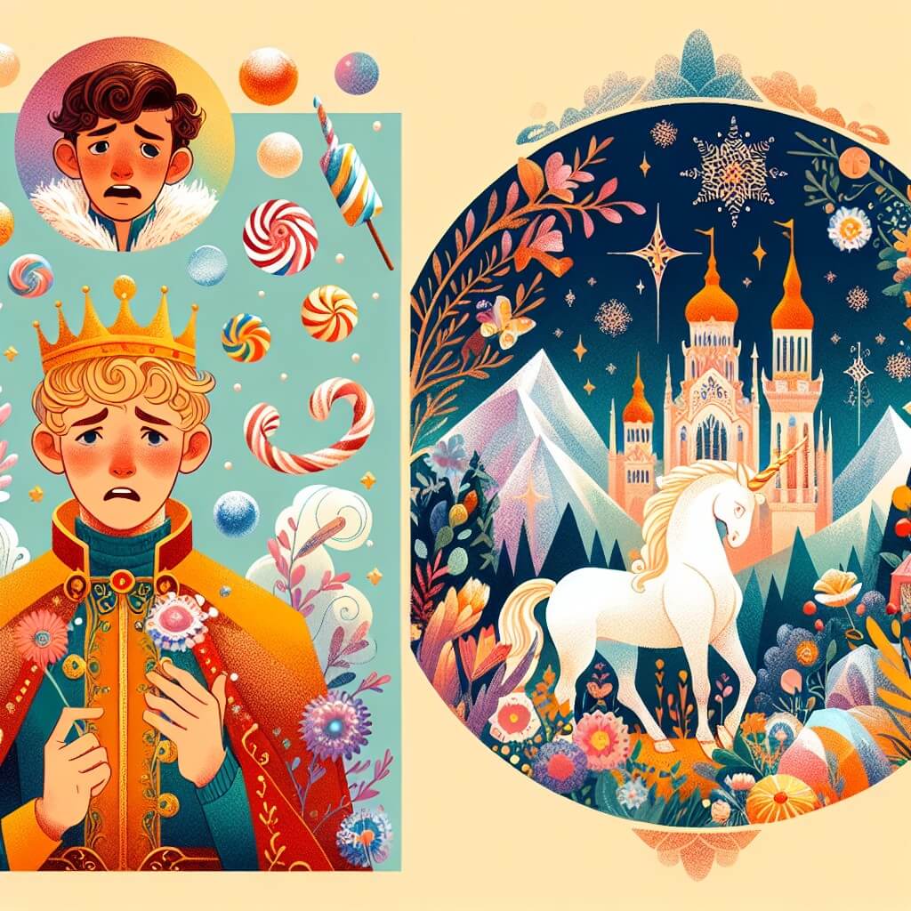 Une illustration destinée aux enfants représentant un jeune garçon, désespéré de ne pas trouver son costume de super-héros pour le Carnaval, qui se retrouve plongé dans un monde magique rempli de bonbons, de fleurs parfumées à la vanille et d'un majestueux unicorne, dans un somptueux bosquet enchanté.