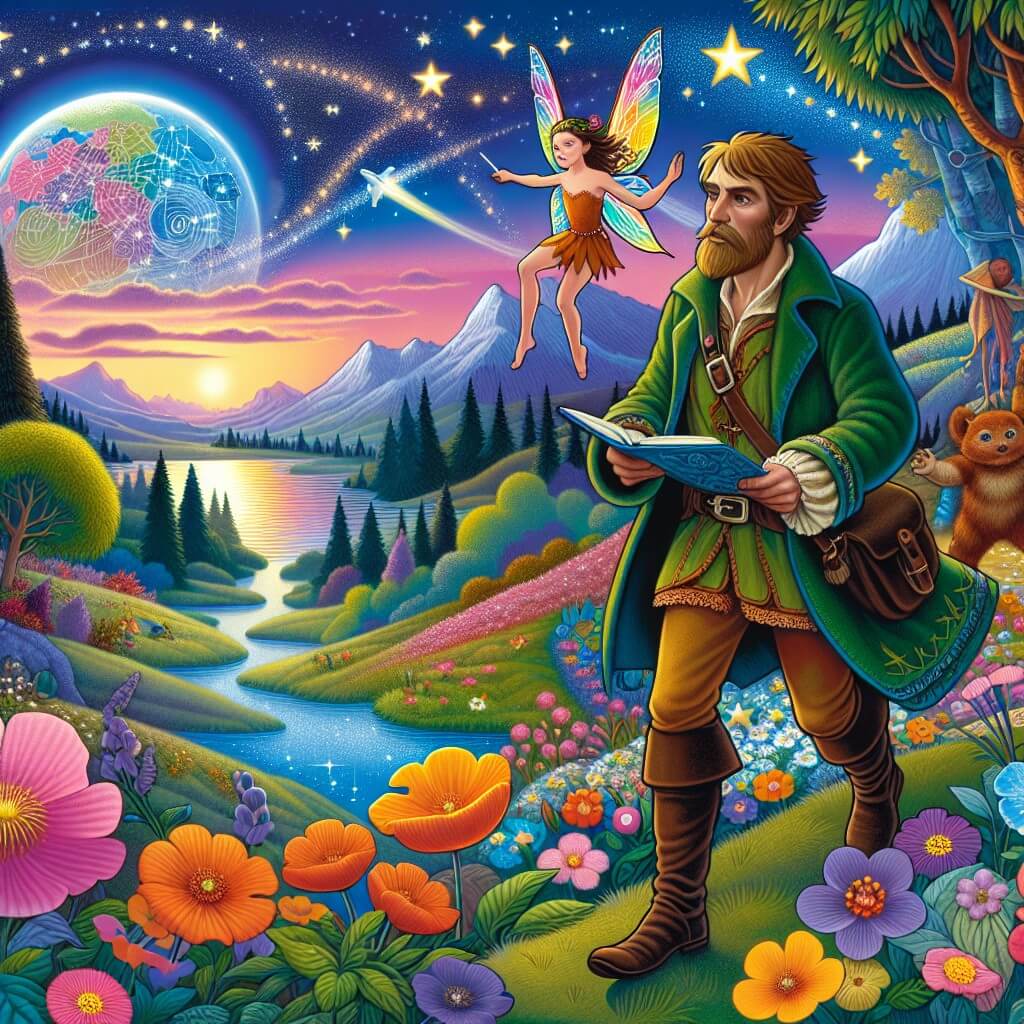 Une illustration destinée aux enfants représentant un homme intrépide explorant un mystérieux et coloré planète de merveilles, accompagné d'une fée aux ailes iridescentes, dans un paysage magique rempli de fleurs lumineuses, d'arbres chantants et d'un lac cristallin qui reflète les étoiles.