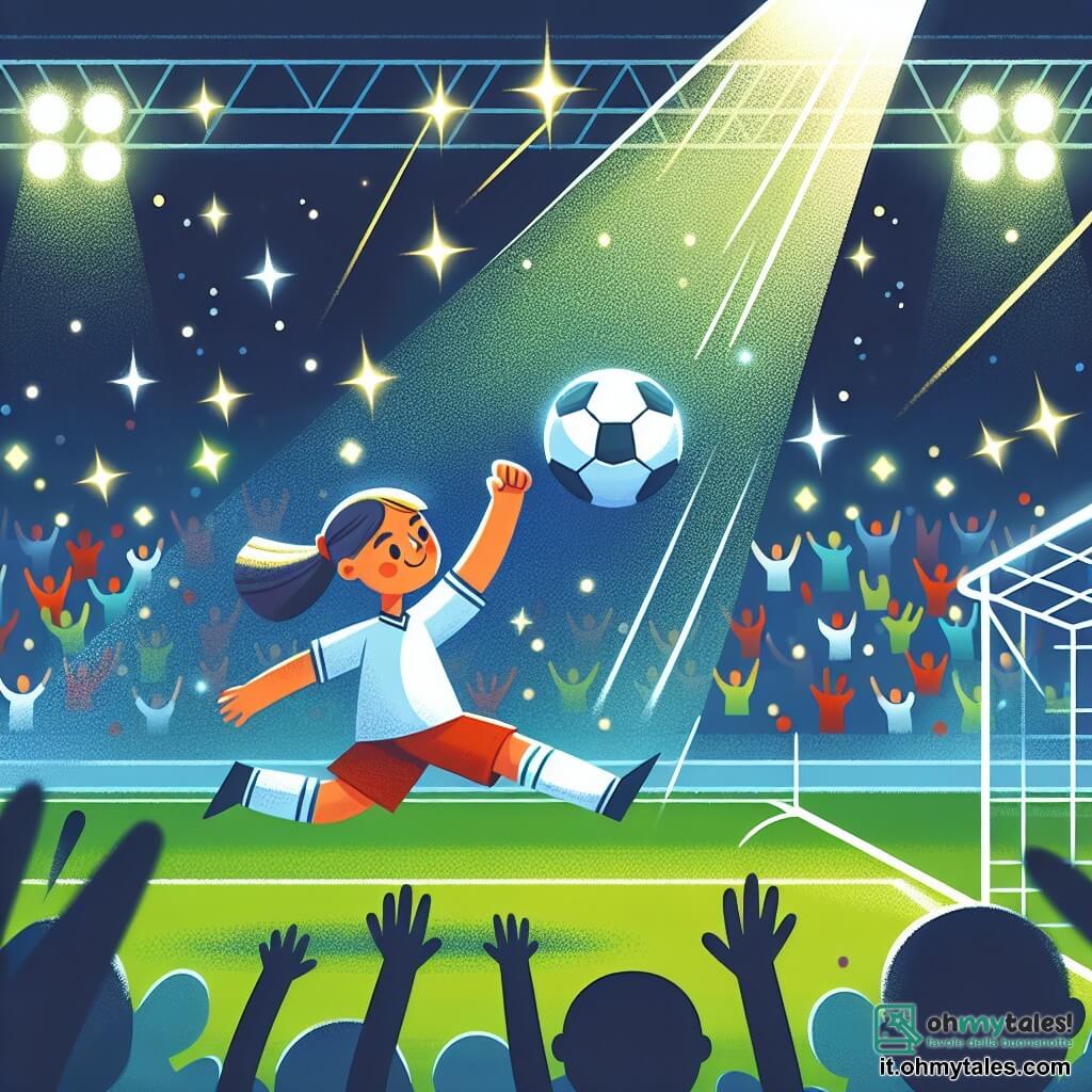 Une illustration destinée aux enfants représentant une joueuse de football talentueuse, marquant un but décisif lors d'un match passionnant, sous les projecteurs étincelants d'un stade rempli de supporters enthousiastes.