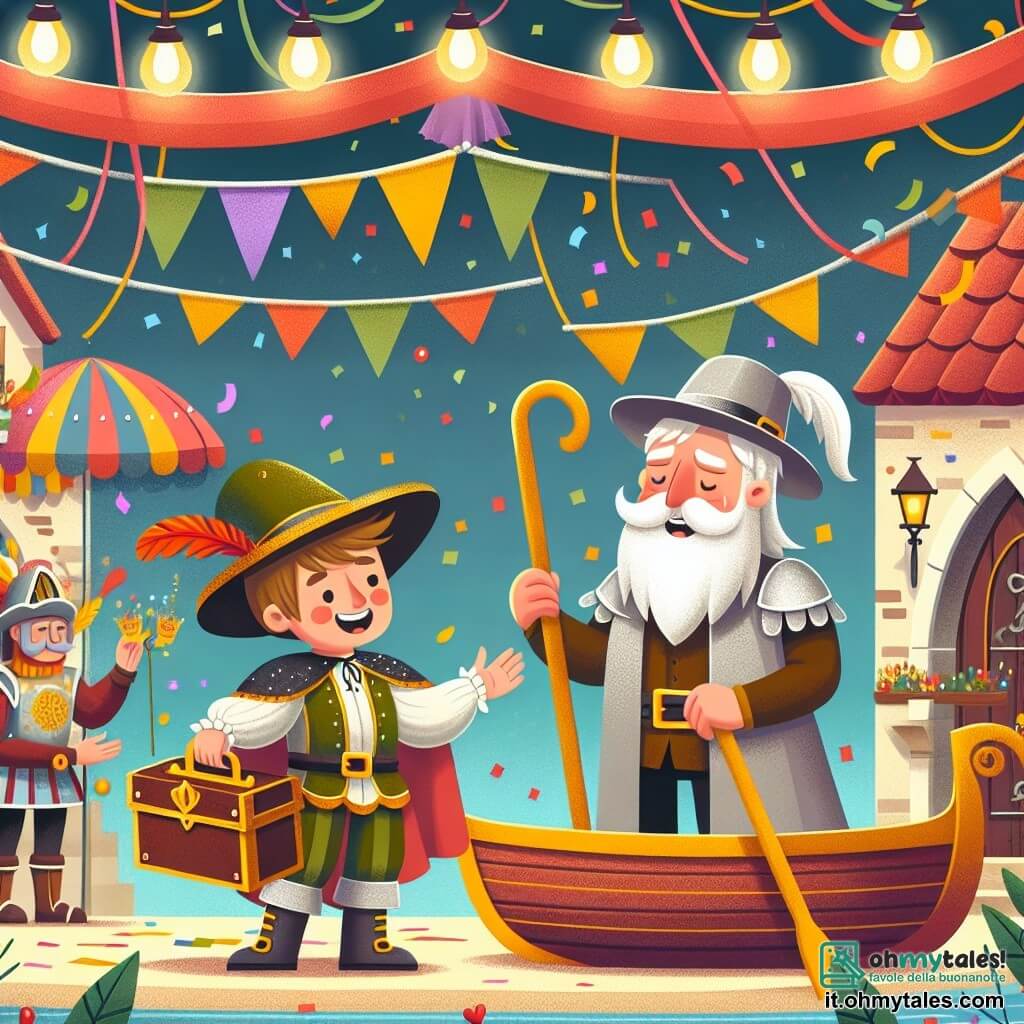 Une illustration destinée aux enfants représentant un garçon déguisé en chevalier, découvrant un trésor mystérieux avec l'aide d'un vieux barcaiolo sage, dans un village coloré et festif pendant le Carnevale, entouré de festoni, coriandoli e musica allegra.