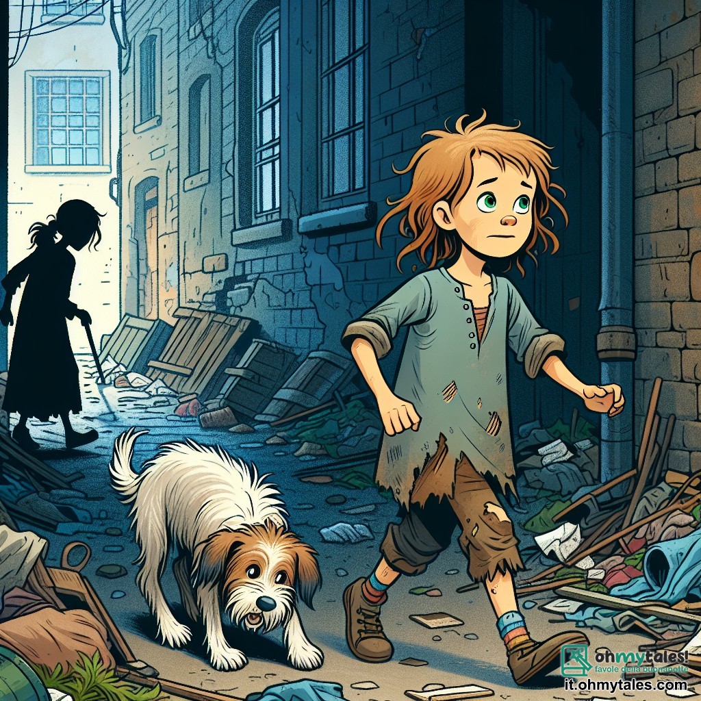 Une illustration destinée aux enfants représentant une fillette aux cheveux en bataille, vêtue de haillons, accompagnée d'un chien errant, fouillant parmi les détritus d'une ruelle sombre et étroite d'une vieille ville abandonnée.