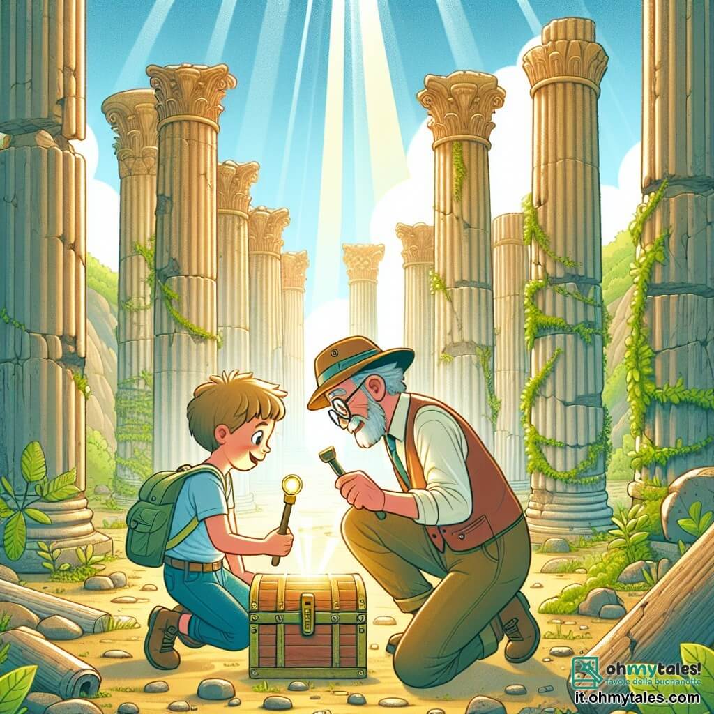 Une illustration destinée aux enfants représentant un jeune garçon passionné d'histoire et d'archéologie, découvrant un trésor ancien avec l'aide d'un vieil archéologue sage, dans une vaste et mystérieuse cité romaine en ruines, envahie par la végétation luxuriante et les rayons du soleil filtrant à travers les colonnes antiques.