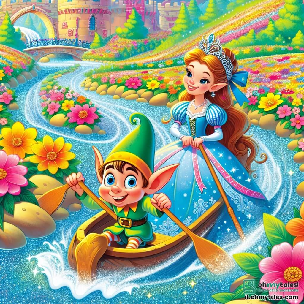 Une illustration destinée aux enfants représentant une princesse courageuse et espiègle, accompagnée d'un drôle de lutin aux grandes oreilles, naviguant sur un ruisseau scintillant bordé de fleurs dans un royaume enchanté aux couleurs vives et chatoyantes.