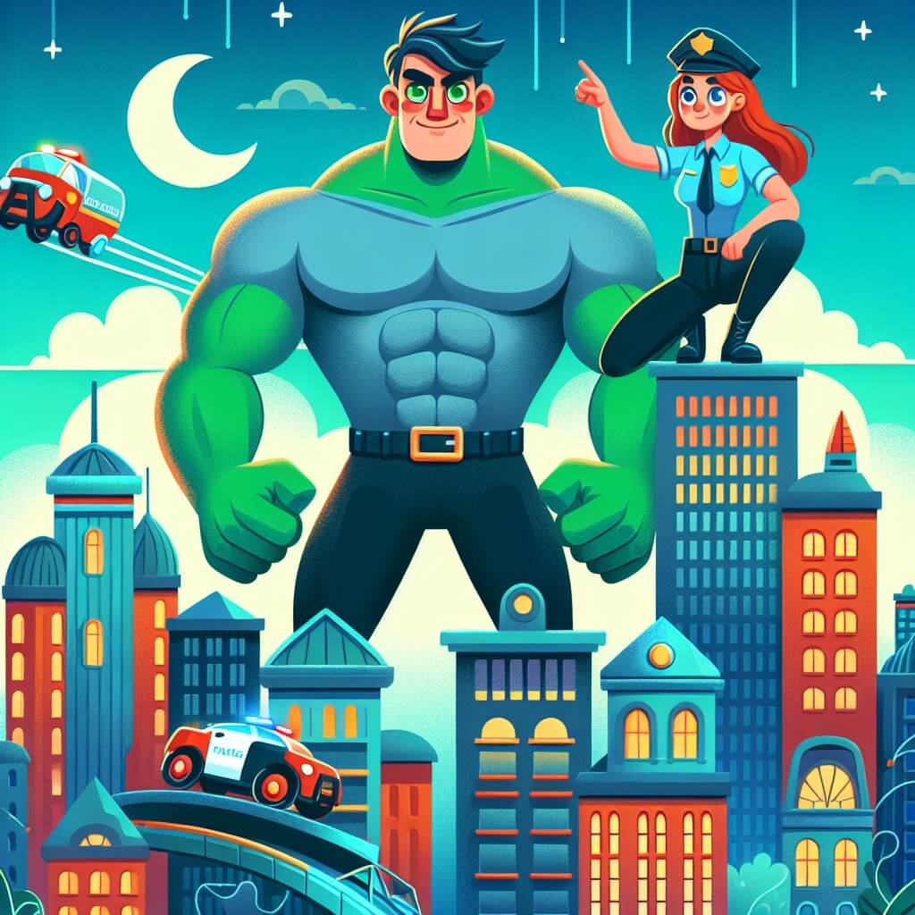 Une illustration destinée aux enfants représentant un homme fort et courageux, se tenant au sommet d'un gratte-ciel, prêt à affronter un terrible monstre, avec une policière aux cheveux roux et aux yeux verts comme smeraldes à ses côtés, dans la magnifique ville de Fantaborgo, remplie de bâtiments colorés et de voitures volantes.