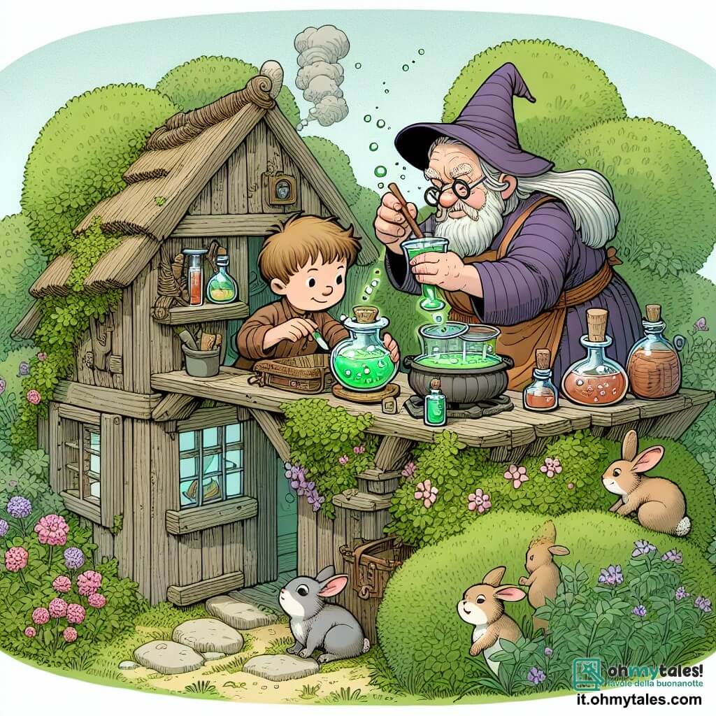 Une illustration destinée aux enfants représentant un jeune apprenti sorcier en train de préparer une potion magique ensorcelante avec l'aide d'une vieille sorcière grincheuse, dans une petite chaumière en bois perchée sur une colline verdoyante, entourée de buissons fleuris et de lapins malicieux.
