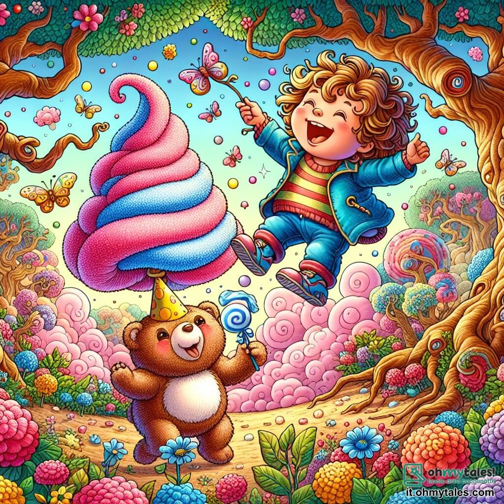 Une illustration sous forme de dessin destinée aux enfants représentant un magnifique bosquet enchanté, rempli d'arbres aux troncs noueux et de fleurs multicolores, où un garçon de 5 ans aux cheveux bouclés et au sourire éclatant, vêtu d'une veste bleue et d'un petit chapeau jaune, rit aux éclats en flottant dans les airs, entouré de nuages roses dansants, tandis qu'un grand ours en peluche, avec un ventre rond et un chapeau de fête, lui offre un cône de sucre filé scintillant, illustrant la magie et l'humour de leur aventure fantastique.