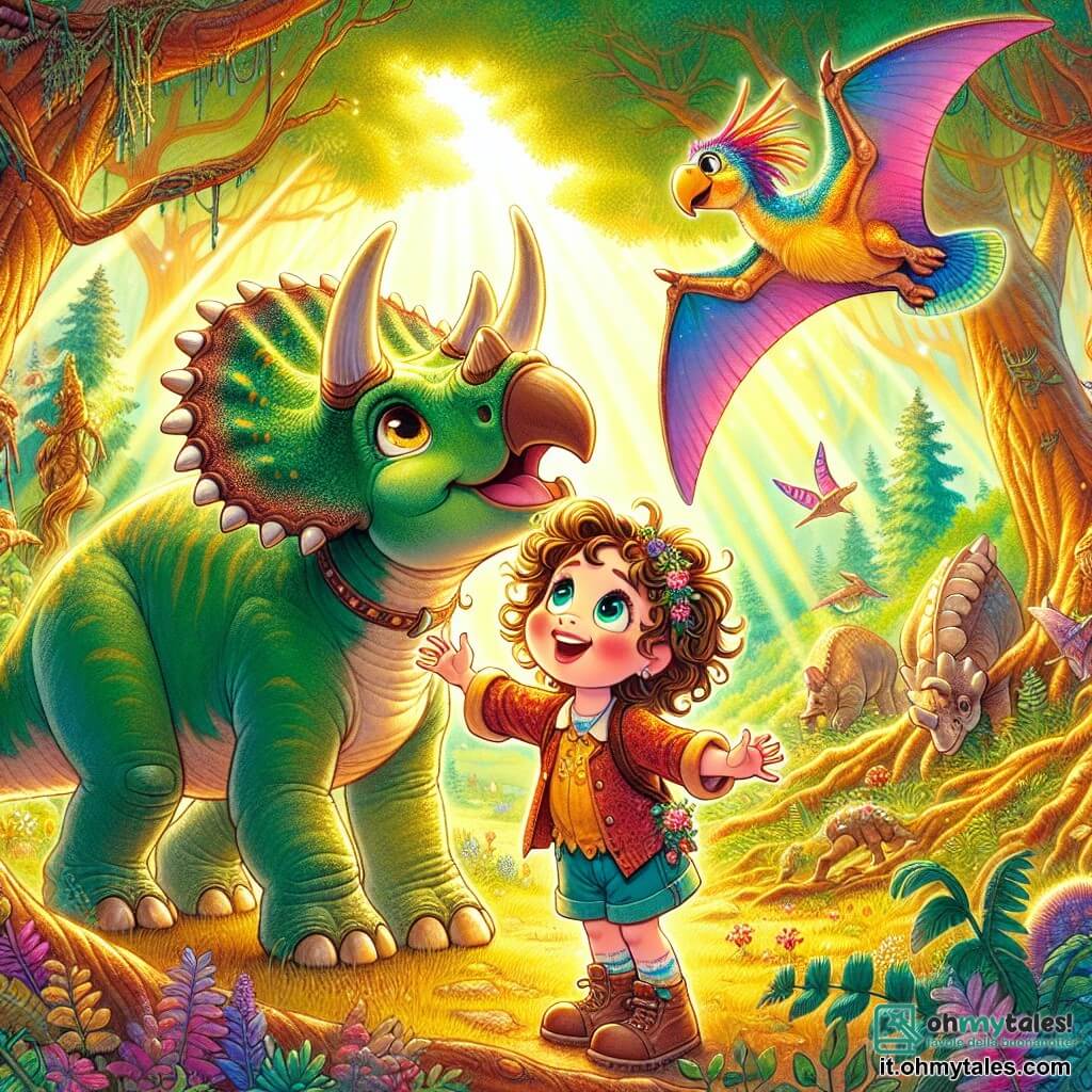 Une illustration sous forme de dessin destinée aux enfants représentant une forêt préhistorique vibrante de couleurs, avec une petite fille de 5 ans aux cheveux bouclés et aux yeux pétillants, qui sourit émerveillée en interagissant avec un triceratops amical, tandis qu'un pterosaurus aux ailes colorées vole joyeusement au-dessus d'eux, le tout baigné dans une lumière dorée, illustrant un moment magique de voyage dans le temps où l'amitié entre les espèces transcende les époques.
