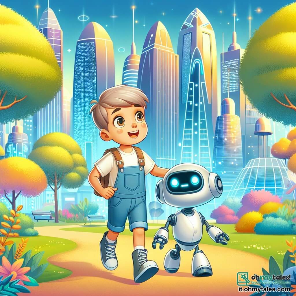 Une illustration destinée aux enfants représentant un garçon curieux explorant un parc futuriste lumineux, accompagné de son fidèle robot animal, dans la magnifique Lumina City aux gratte-ciels scintillants et aux arbres lumineux.