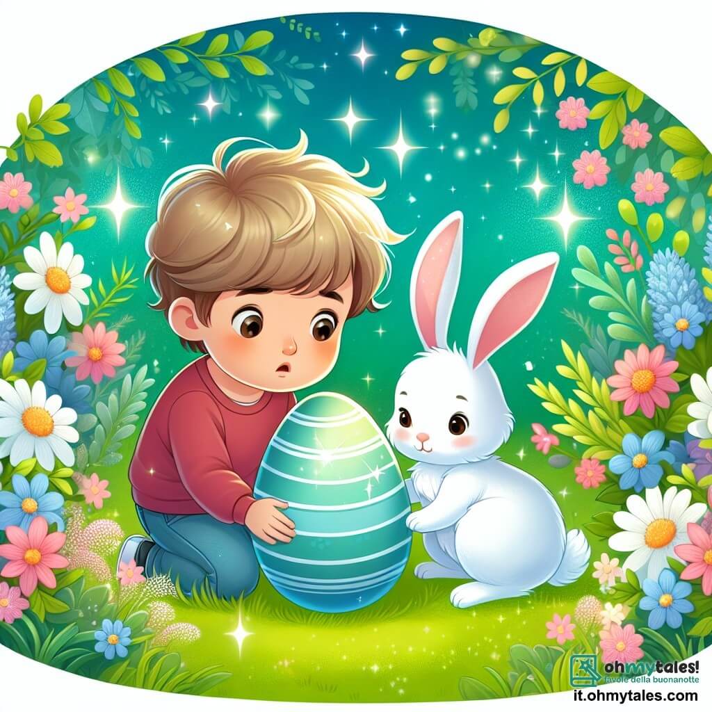 Une illustration destinée aux enfants représentant un garçon curieux découvrant un œuf de Pâques mystérieux, accompagné d'un adorable lapin blanc, dans un jardin fleuri aux couleurs éclatantes et à l'herbe verte scintillante.