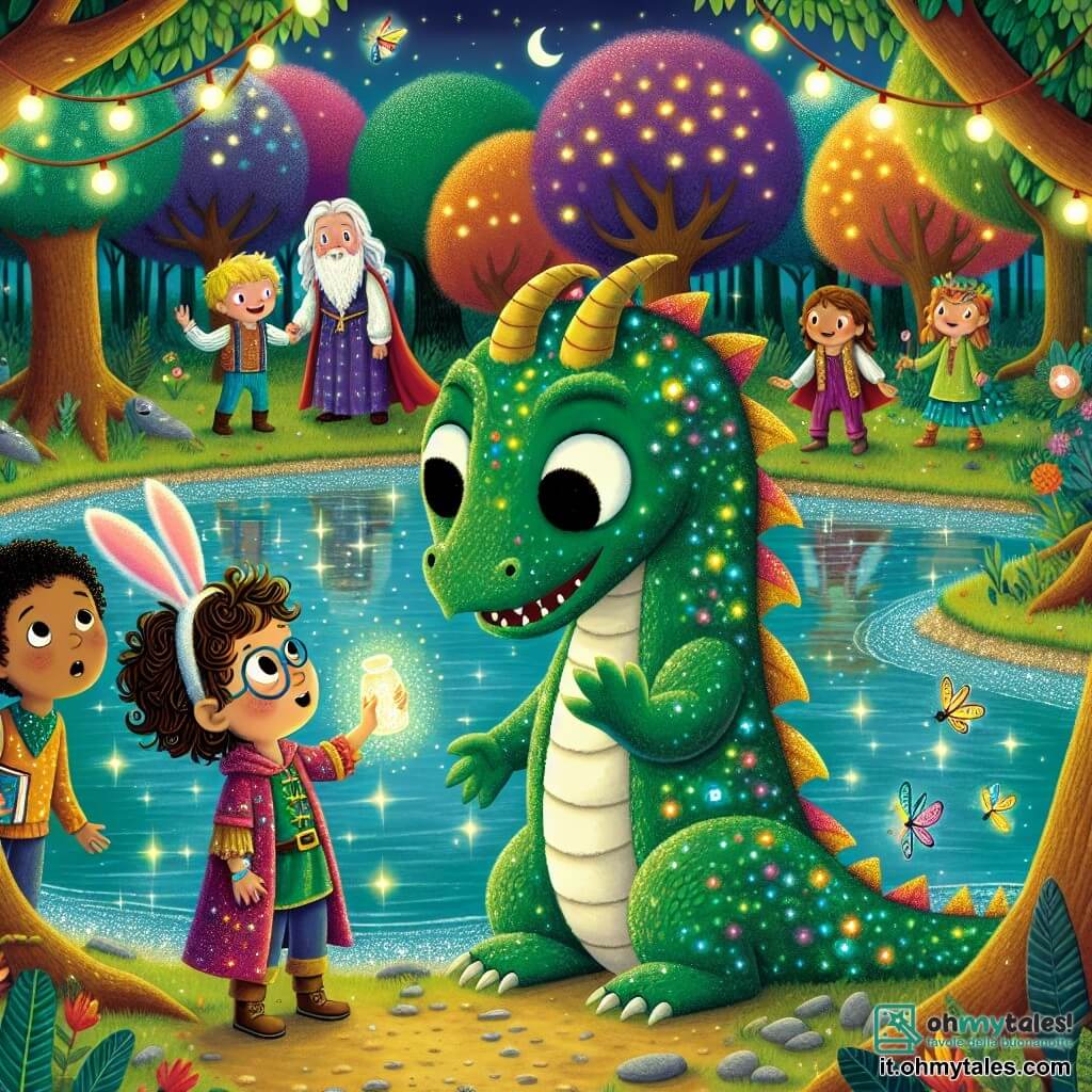 Illustrazione che rappresenta una scena magica al bordo di un lago scintillante, circondato da una foresta incantata dove gli alberi hanno volti sorridenti e foglie multicolori. Al centro, un grande drago casuale con squame verdi scintillanti emerge dall'acqua, con grandi occhi rotondi e un sorriso caloroso. Alla sua destra, un ragazzo di circa 10 anni, con capelli ricci e colorati, indossa una tunica colorata e sembra determinato, tenendo in mano una bottiglia d'acqua brillante. Alla sua sinistra, un ragazzo di 9 anni, con orecchie da coniglio e uno sguardo curioso, cerca di capire cosa dice il drago. Sullo sfondo, un altro ragazzo di 11 anni, con occhiali e un libro in mano, osserva la scena con un'espressione pensierosa, mentre una ragazza di 10 anni, con capelli lunghi e un vestito scintillante, si avvicina al lago con un sorriso meravigliato. L'atmosfera è gioiosa e piena di colori vivaci, con lucciole che danzano intorno, aggiungendo un tocco di magia a questo incontro fantastico.