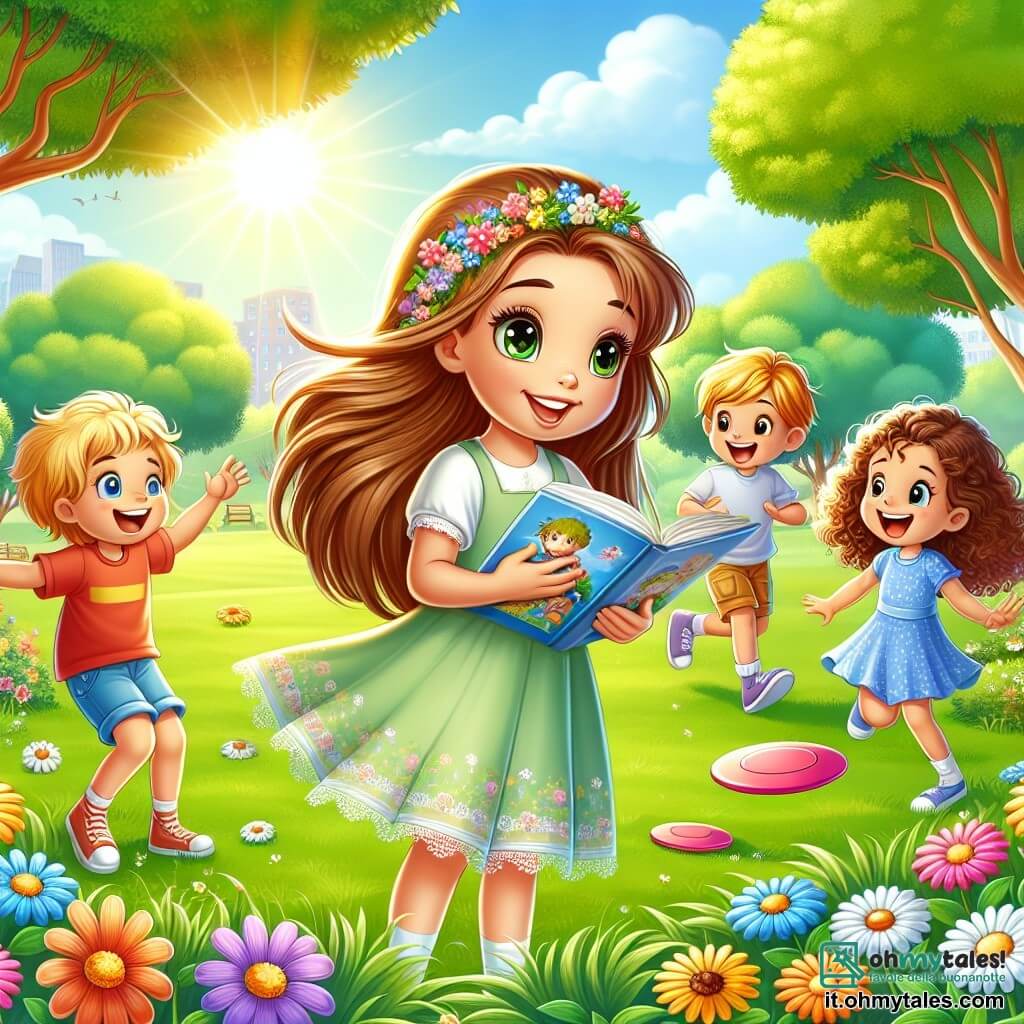 Une illustration sous forme de dessin destinée aux enfants représentant un parc ensoleillé avec des arbres verdoyants et des fleurs colorées, où une fille de 9 ans aux longs cheveux bruns et aux yeux pétillants, vêtue d'une robe légère et tenant un livre illustré, s'amuse à lire à voix haute entourée de ses amis, un garçon aux cheveux blonds et une fille aux cheveux frisés, tous deux riant et jouant au frisbee, illustrant ainsi l'émerveillement de la découverte du monde réel au-delà des écrans.