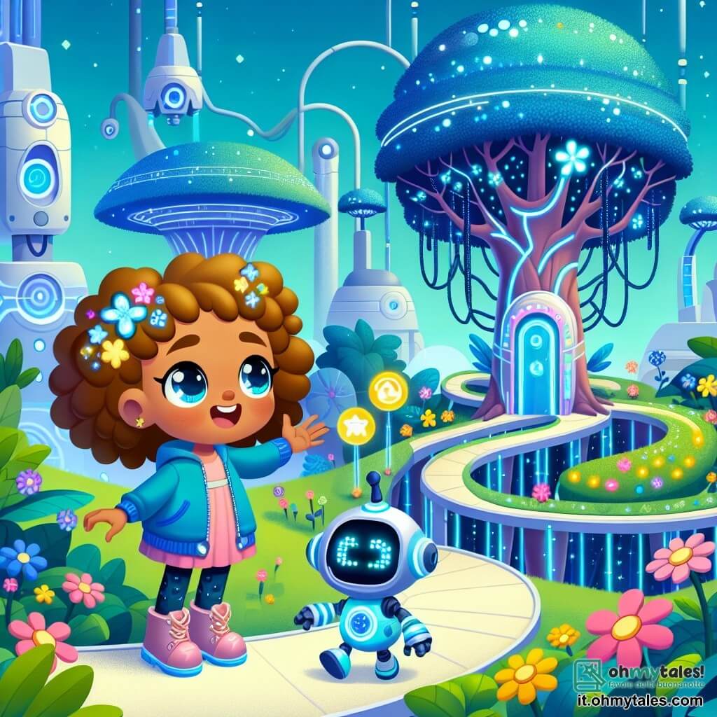 Une illustration sous forme de dessin destinée aux enfants représentant un parc futuriste coloré à Luminopolis, avec des arbres géants aux feuilles bleues et des fleurs dansantes, où une petite fille de 5 ans aux cheveux bouclés et aux yeux pétillants explore avec émerveillement un dispositif technologique brillant, tandis qu'un robot amical aux formes arrondies et lumineux l'accompagne, tous deux découvrant ensemble les merveilles de la ville et résolvant des énigmes pour ouvrir une porte mystérieuse.