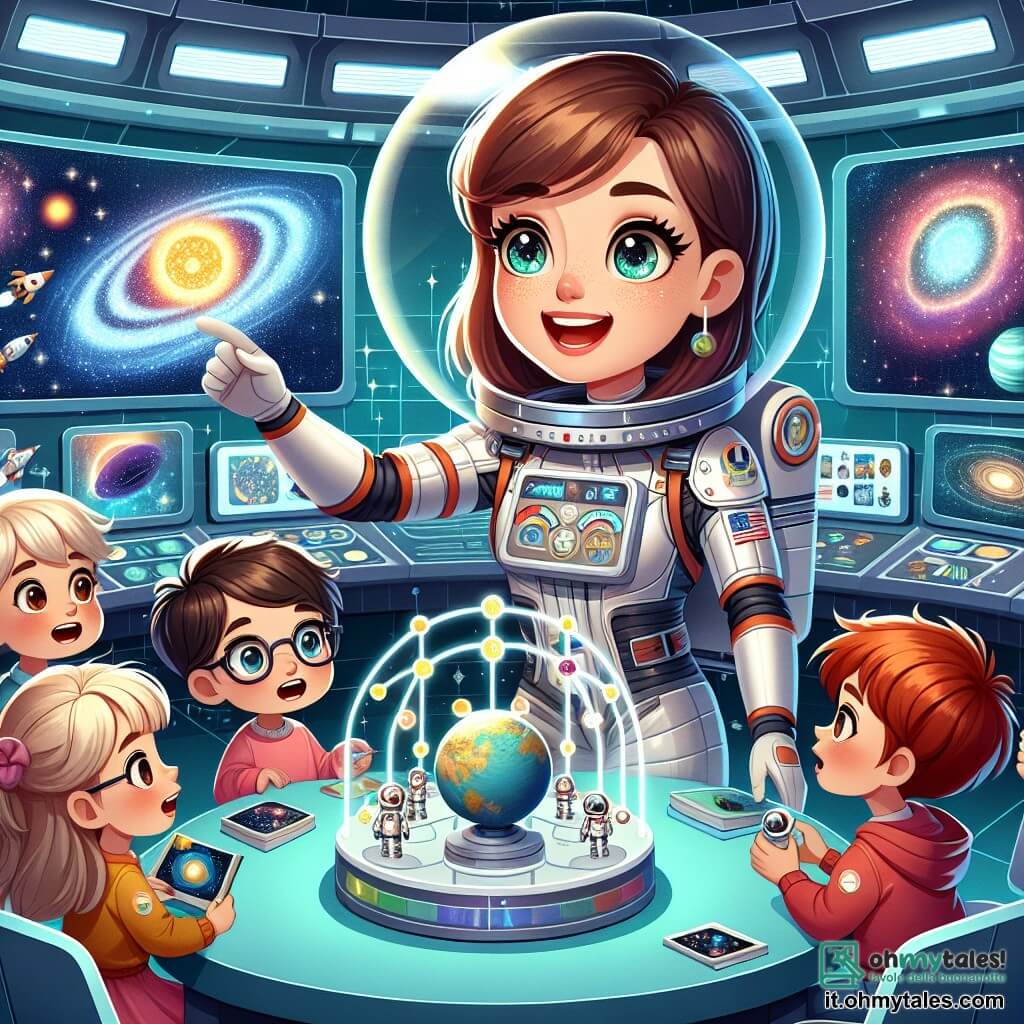 Une illustration sous forme de dessin destinée aux enfants représentant l'intérieur coloré et futuriste de la station spatiale "Stella del Sapere", où une femme pilote aux cheveux bruns et aux yeux pétillants, vêtue d'une combinaison spatiale brillante, explique avec enthousiasme des concepts d'astronomie à un groupe de quatre enfants : deux garçons aux cheveux blonds et aux lunettes, fascinés par un modèle de système solaire, et deux filles aux cheveux roux et châtains, tenant des petits télescopes et observant les étoiles à travers un hublot, tandis qu'un fond d'écrans affichant des images de galaxies et de planètes illumine la scène.