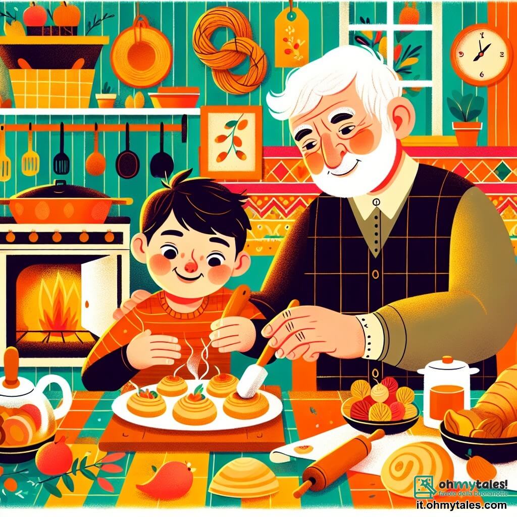 Une illustration destinée aux enfants représentant un petit garçon plein d'amour préparant une surprise pour sa maman, avec l'aide de son sage grand-père, dans une cuisine colorée et chaleureuse remplie d'odeurs alléchantes.