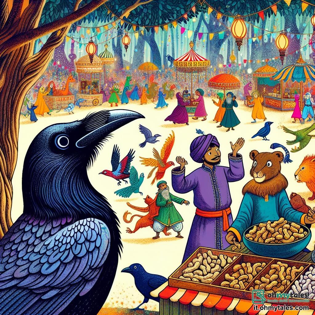 Une illustration destinée aux enfants représentant un corbeau malicieux observant avec curiosité un vendeur d'arachides au marché animé du bois enchanté, avec en arrière-plan des animaux joyeux et colorés.